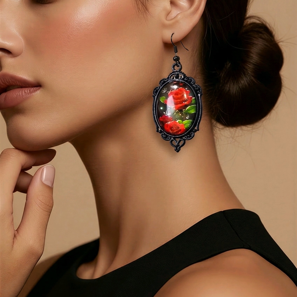 Vintage Red Rose Cabochon Drop Earrings Black Frame Victorian Gothic Floral